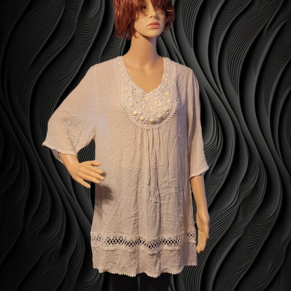 Pleasant Shade 2XL Crochet Trim Beaded Peasant Boho gauze Cottagecore gypsy T08